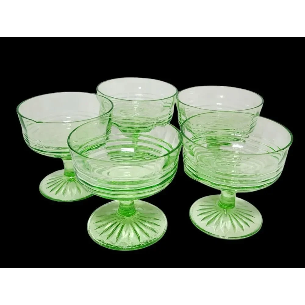 Vintage Green Vaseline Uranium Glass Sherbet Dessert Fruit Custard Cups Set of 5